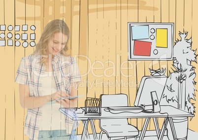 young happy woman drawing on tablet the 3D office lines. We can see she on the office lines