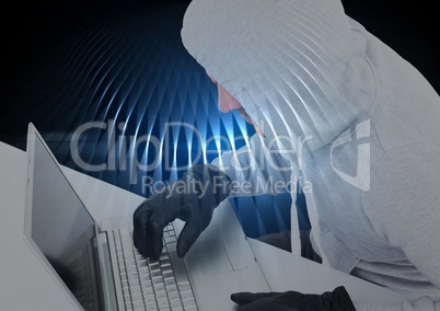 Hacker working on laptop in front of black background