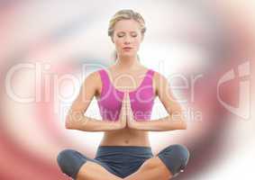 Woman meditating against red and white abstract background
