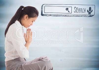 Business woman meditating against blurry blue wood panel with 3D search bar