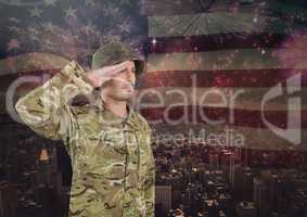 Soldier saluting on independence day background