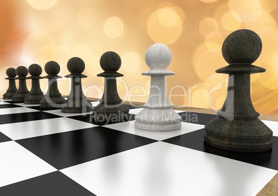 3D Chess pieces against orange bokeh