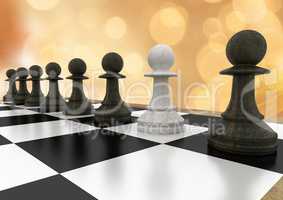 3D Chess pieces against orange bokeh