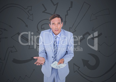 Business man with money against grey background and arrow graphics