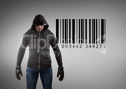 Hacker in front of a grey background with bar code