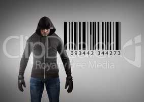 Hacker in front of a grey background with bar code