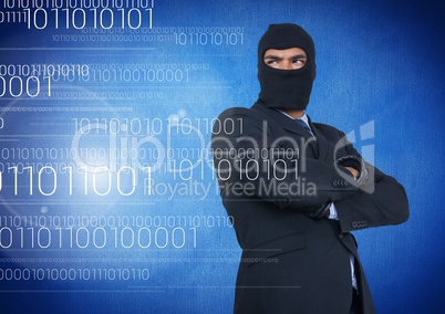 Hacker with hood and arms crossed standing on in front of blue background
