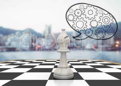 3D Chess piece against blurry skyline and speech bubble with cogs