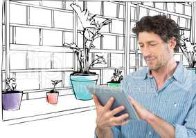 businessman with tablet in front of 3d new office lines with details in color
