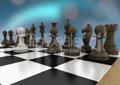 3d Chess pieces against blue bokeh