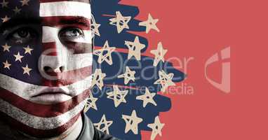 Portraiture of man with american flag face paint against hand drawn star pattern and red background