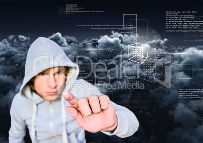 Hacker touching a 3d screen with his finger with cloudy background