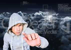 Hacker touching a 3d screen with his finger with cloudy background