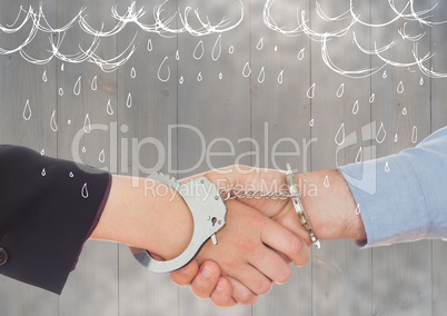 3d Handshake with handcuffs against grey wood panel and white rain doodle