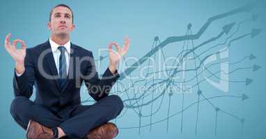 Business man meditating against blue background with 3D graph