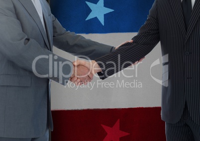 Two 3d men handshaking with an american flag in background