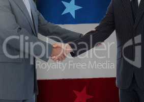 Two 3d men handshaking with an american flag in background