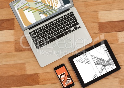 laptop, tablet and phone on a desk. On tablet 3D white and black blueprint and on phone and laptop w