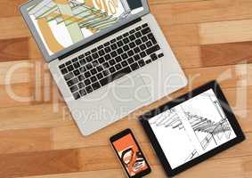 laptop, tablet and phone on a desk. On tablet 3D white and black blueprint and on phone and laptop w