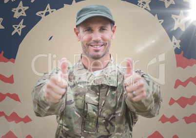 Soldier giving two thumbs up against hand drawn american flag with flare