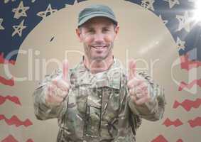 Soldier giving two thumbs up against hand drawn american flag with flare