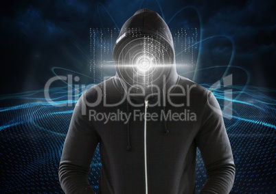 Hacker with a digital circle on his face in front of digital blue background