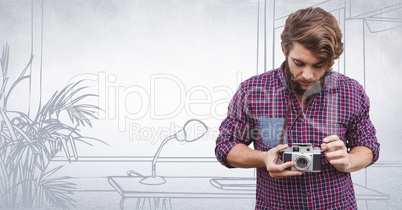 Millennial man with camers against 3D white hand drawn office