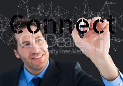 Happy businessman writing connect on the screen. Connect stars around
