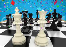 3d Chess pieces against blue background with confetti
