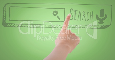 Hand pointing at 3D search bar against green background