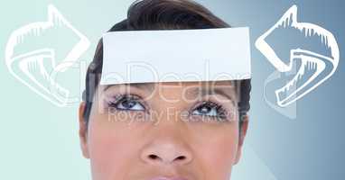 Woman with 3D white curved arrows pointing to card on head against blue background