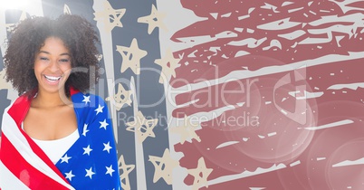 Woman wrapped in american flag against hand drawn american flag and flare