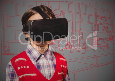 Boy in virtual reality headset against red and grey hand drawn wall