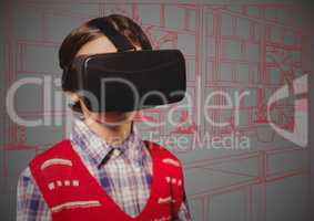 Boy in virtual reality headset against red and grey hand drawn wall