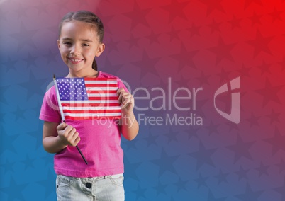 Child holding an american flag in front of colored background