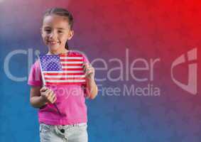 Child holding an american flag in front of colored background