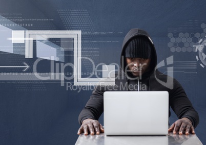 Hacker using a laptop in a 3D dark room