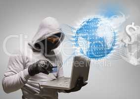 Hacker working on laptop in front of digital earth on grey background