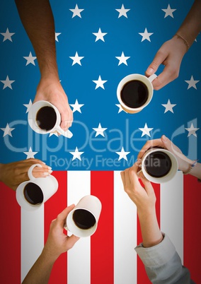 Friends having a coffee  against american flag