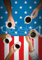 Friends having a coffee  against american flag