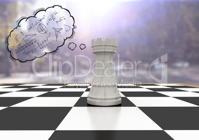 3D Chess piece against blurry street with flares and thought cloud with math doodles
