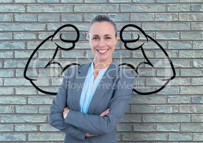 happy businesswoman hand folded in front of fists draw on bricks wall