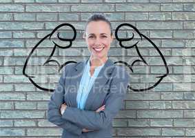 happy businesswoman hand folded in front of fists draw on bricks wall
