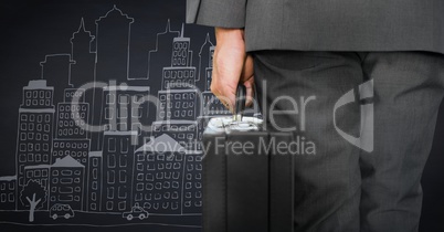 Business man lower body with briefcase against navy background with city doodle