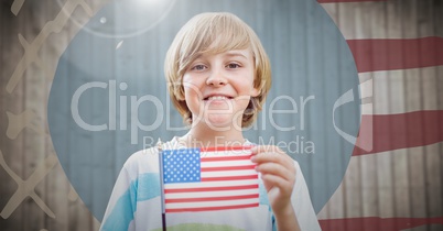 Boy holding american flag against hand drawn american flag with flare