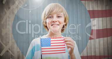 Boy holding american flag against hand drawn american flag with flare