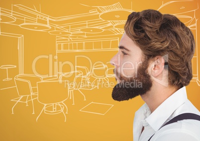 Millennial man with beard against 3d orange and white hand drawn office