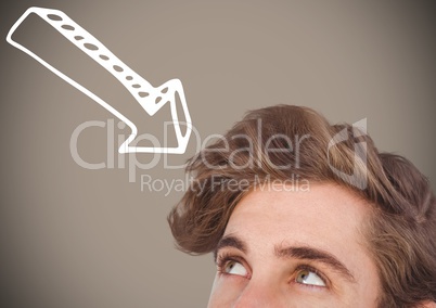 Top of man\s head looking at 3d white downward arrow against brown background
