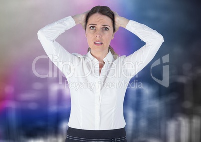Frustrated business woman against blurry purple wall with city doodle