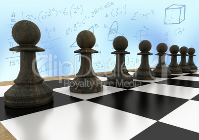 3d Chess pieces against blue abstract background with blue math doodles